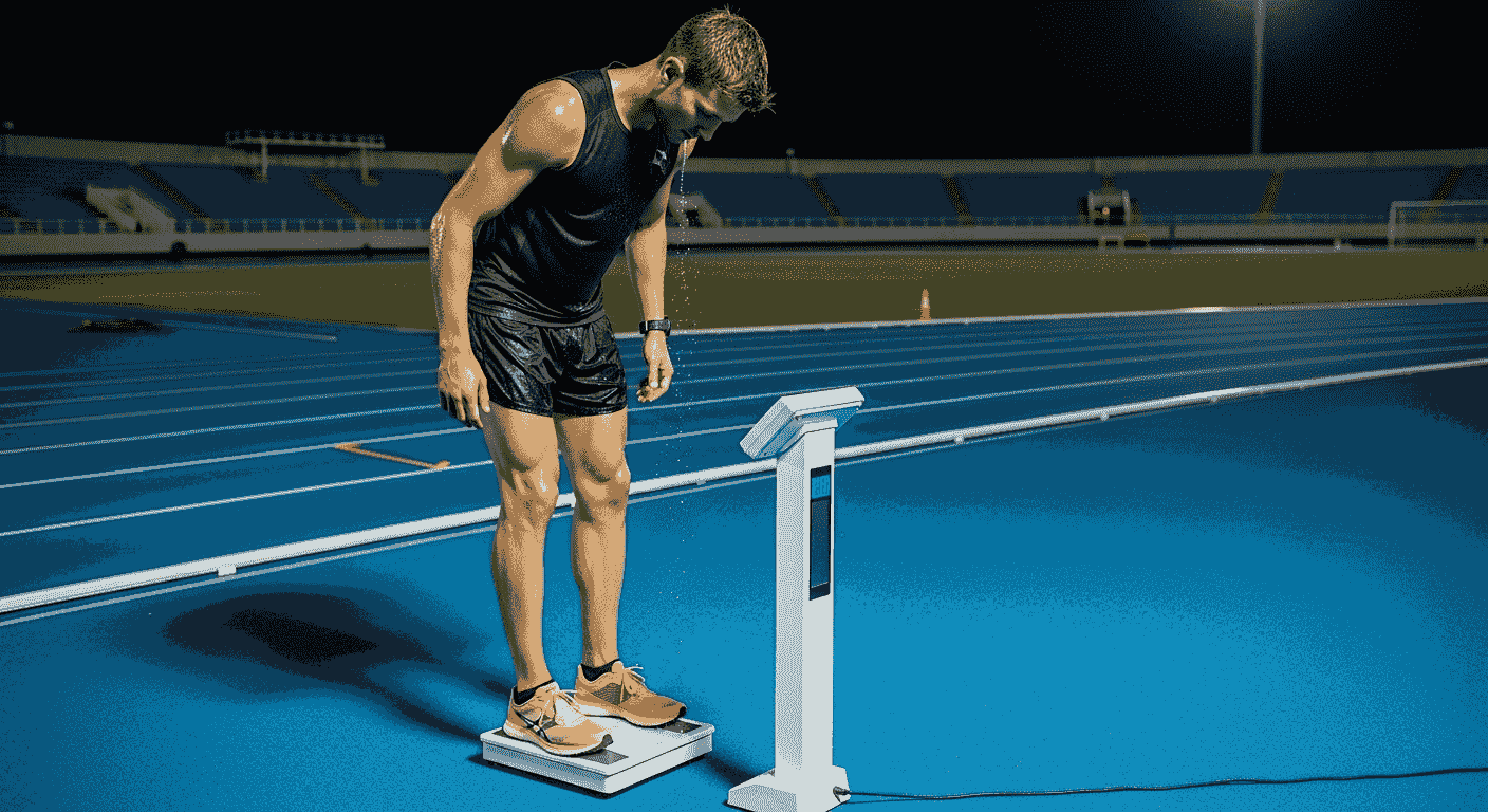Male runner checking body weight on a digital scale at an outdoor track at night